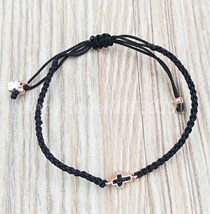 Motif Cross Bracelet In Rose Gold Vermeil With Spinels And Black Cord Authentic 925 Sterling Silver bracelets Fits European bear J9537873