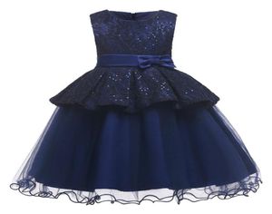 エレガントな新しい到着フラワーガールズドレス子供ネイビーブルーのノースリーブチュールパーティーウェディングドレスファッションキッズ服3050188