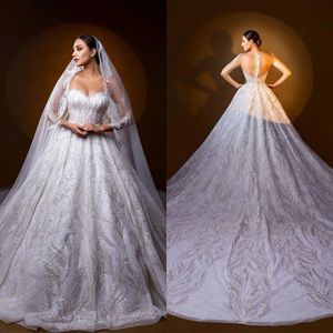 Gorgeous Sequins Wedding Dresses Shiny Long Sleeve Bridal Gowns Rhinestone A Line Sweep Train Bride Dresses Custom Made Plus Size