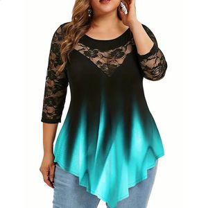 Womens Lace 3/4 Sleeve Tunic Tops Ladies Gradient T-Shirt Blouse High Quality Clothing Plus Size 240130