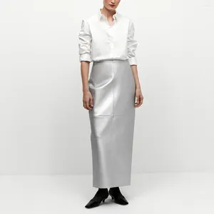 Skirts Bright Silver Slim PU Leather Skirt 2024 Spring Women's Trendy Split Spliced Metal Colored Wrapped Hip