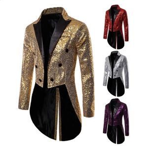 Men Blazer Jacket Shiny Sequin Glitter Embellished Stand Collar Split Hem Nightclub Prom Suit Coat Singers Stage Tuxedo Clothes 240201