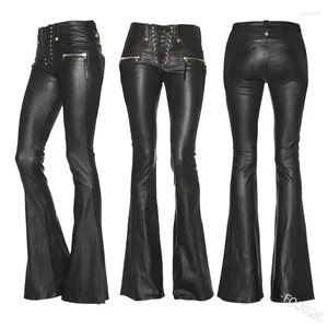 Calças femininas mulheres punk pu couro senhoras vintage hip hop zíper streetwear bandagem ruched skinny slim fit calças largas plus size