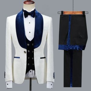 Navy Blue Velvet Men Suits Slim Fit Male Fashion Elegant Wedding Groom Tuxedos Cod Tume Homme Mariage 3PCsBlazerPantsVest 240123