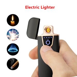 Isqueiros elétricos à prova de vento tela led sensor de toque isqueiro usb recarregável para presente masculino