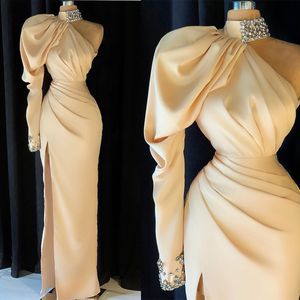 Side Split Elegant A Line Evening Dresses High Neck Crystal Slim Draped Gowns Sweep Train Vestidos De Noche Formal Occasion Custom Size