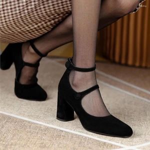 Модельные туфли женские черные сексуальные туфли-лодочки на высоком каблуке из искусственной замши с ремешком на щиколотке с двойной пряжкой Мэри Джейн весна-осень 1748N
