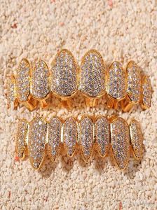 14K Gold Cz Vampire Teeth Grillz Iced Out Micro Pave Cubic Zircon 8 Tooth Hip Hop Grill Top Bottom Grillz Teeth Set With Silicon M4516694