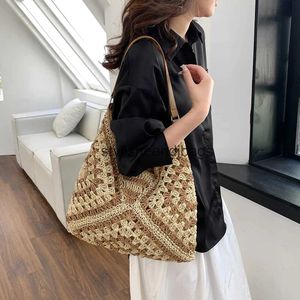 Shoulder Bags Summer Hollow Straw Beach Bag Handmade Woven Shoulder Bag Raffia Rattan Shopping Travel Bag Bohemian Braided Handbag Casual ToteH24219