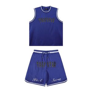 Trapstar-Trainingsanzüge, Herren-Trainingsanzüge, blaues Mesh-besticktes Jersey-Shorts-Set, Basketballbekleidung für Männer, ärmellose Weste aus UK, Sport