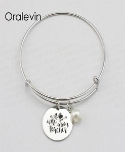 ESPOSA MÃE PROFESSOR Inspirador Mão Carimbado Gravado Personalizado Charme Pingente Expansível Pulseira Pulseira Jóias Artesanais 10 Pçs Lote L7162840