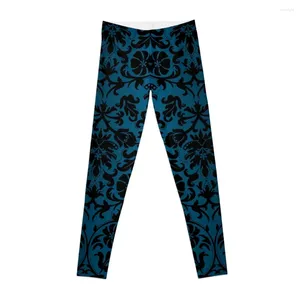 Aktive Hose, blaugrüne und schwarze florale Damast-Leggings, Jogger für das Training von Damen