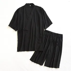 Erkekler Style Style Geleneksel Erkek Yumuşak Pamuk Obi Pantolon Elbise Japonya Robe Yukata Nightgown Set Kıyafet Pijama Haori