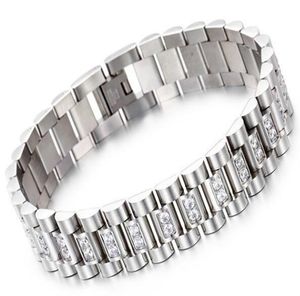 Watch Band Style 15mm Width 316L Stainless Steel Luxury Mens Wristband Link Bracelet with Prong Setting CZ Stones KKA21994711029