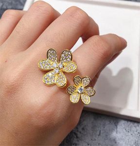Fashion 4Four Leaf Clover 3 Flowers Open Band Rings with Diamonds S925 Silver 18K Gold for WomenGirls Valentine039s Mother08755055