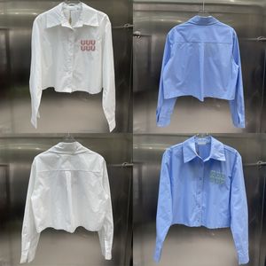 Cropped Shirt Tops Letter Blouse for Women Long Sleeve Lapel Blouses Designer White Blue Shirts