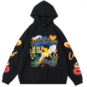 Men's Hoodies American Casual Loose Hooded Sweatshirt Cute Printed Plush Thickened Street Fleece Split Design Hoodie