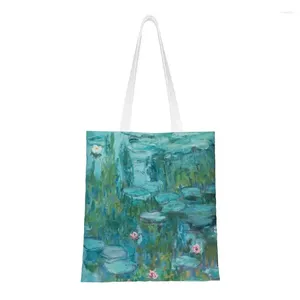 Sacos de compras Personalizado Claude Monet Lírios de Água Bolsa de Lona Mulheres Portátil Mercearia Jardim Pinturas Shopper Tote