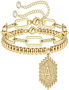 Dainty Gold Armband för kvinnor Inledande charm pärlstav armband pappersklipplänkkedja hypoallergeniska skiktade smycken tonåring flickor gåvor5569133