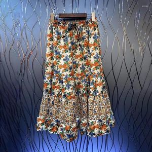 Kjolar koreansk modestil kjol 2024 vår sommar högkvalitativ kläd damer elastisk midja vintage blommig tryck