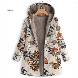 Casacos de Trench das Mulheres Folhas Floral Impressão Casaco Quente Mulheres Inverno Manga Longa Jaqueta Com Capuz Fofo Fur Fleece Aconchegante Zipper Outwear S-5XL