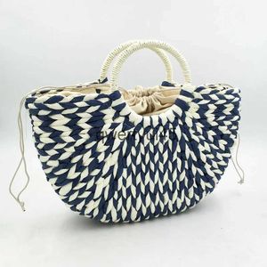 TOTES ROPE WOVEN SEMICIRCL WOMEN ANDBAG ANDMADE MEMALE BEAC BAG ALF MOON SUMMER STRAW BAGS BOEMIAN TOTE RAUND WOOD ANDLE BASKETH24218