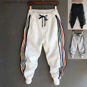 Herrbyxor homme mode hip hop streetwear män randiga lapptäcke harem byxor koreanska löst fit manschetter jogger tröjor byxor för hane t240218