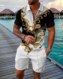 Men's Tracksuits Luxury Style 3D Print Men Polo Shirt Set Zipper Lapel Sets Collar Shorts 2pcs Suits Holiday Y2k Man Clothing