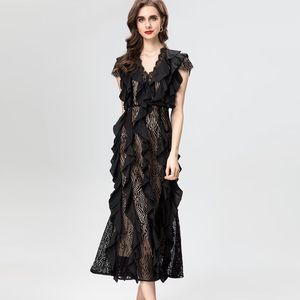 Women's Runway Dresses Sexy V Neck Short Sleeves Embroidery Lace Ruffles Elegant Fashion Designer Mid Vestidos