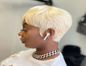 613 miód blondynka Falująca krótka peruka bob z grzywką pixie cut bez koronkowych przednich ludzkich włosów peruki dla czarnych kobiet Indian3949243