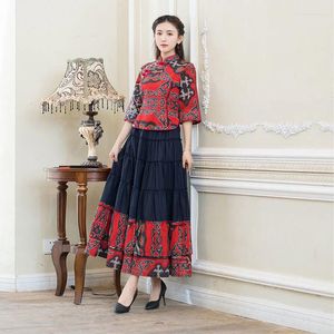 Vestidos de trabalho feminino outono estilo étnico melhorado qipao conjunto saia algodão chinês topo duas peças vestido de dança quadrada moda feminina