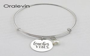 TEACHER VIBES Inspirational Hand Stamped Engraved Charm Pendant Expandable Wire Bracelet Bangle Gift Fashion Jewelry10PcsLot L99522646533