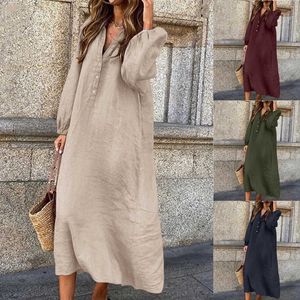 Women's casual dress Spring summer autumn New cotton and linen solid color long sleeve V-neck button long dress shirt skirt gown 240218