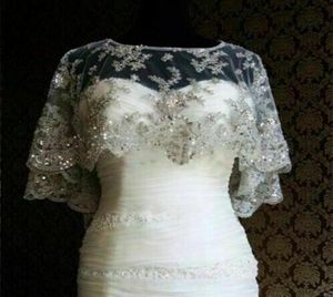 Prawdziwy obraz Sparkling Wedding Cloak Kurtka Nowa kość słoniowa Biała bez rękawów koronkowa koronkowa cekiny Cape Wraps Kurtki niestandardowe 8150951