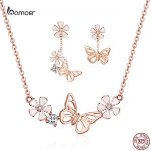 925 Sterling Silver Butterfly Ear Studs Necklace Suit Rose K Gold For Women Luxury Elegant Zircon Smyckesuppsättningar 240125