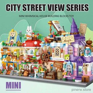 Blocos de cidade 4 em 1, mini vista de rua, castelo mágico, arquitetura, blocos de construção, amigos, casa de cogumelo, figuras, tijolos, brinquedos para crianças, presentes