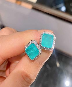 Retro Sterling Silver 925 Natural Stone Emerald Paraiba Tourmaline Turquoise Earrings for Women Stud Ear Fine Jewelry Whole 215222320