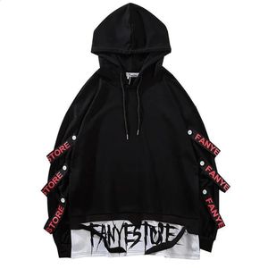 Ribbons Letter Print Patchwork Hoodies Hiphop Pullover Streetwear Long Sleeve Contrast Color Hoodie Fake Twopiece Sweatshirt 240201