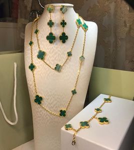 Venda 925 prata quatro folhas flor conjunto de jóias para mulheres colar de casamento pulseira brincos anel verde mãe pérola shell clover1387021