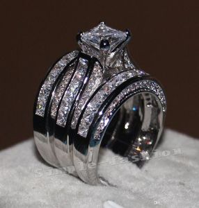 Vecalon Jóias Finas Corte de Princesa 20ct Cz diamante Noivado Conjunto de Anel de Casamento para Mulheres 14KT Ouro Branco Cheio de Dedo anel1831987