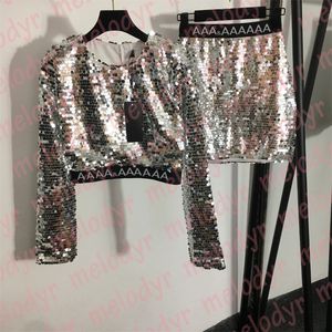 Womens Sequin Skirt Set Letter Print Long Sleeve Crop Top Sexy High Waist Mini Skirts Shiny Sequin T Shirt Dresses Nightclub Wear