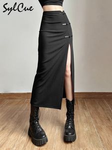 Sylcue Black Sexy Split Simple Casual All-Match Street Outing Cool Mature Vitality Personality Trend Basic WomenS Skirt 240201