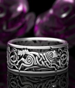 Bröllopsringar Men039s Werewolf Punk Rock Ring Norwegian Nordic Viking Wolf Knicked Winding 925 Thai Silver Finger For Mane Gift7475586