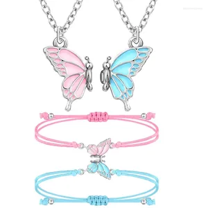 Necklace Earrings Set Butterfly Friendship Bracelet Of 2 Pink Blue BFF Matching Bracelets Gifts For Women Friend