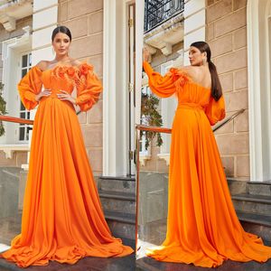 Elegant A Line Evening Dresses Bateau Hand Made Flowers Off Shoulder Gowns Sweep Train Vestidos De Noche Formal Occasion Custom Size