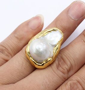 GuaiGuai Jewelry Classic Huge Natural White Keshi Baroque Pearl Yellow Gold Color Plated Rings Handmade For Women Adjustable2142529