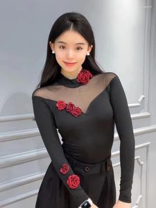 Stage Wear Ballroom Dance Tops Black Long Sleeves Flower Leotards Adult Performance Clothes Rumba Latin Practice DNV19107