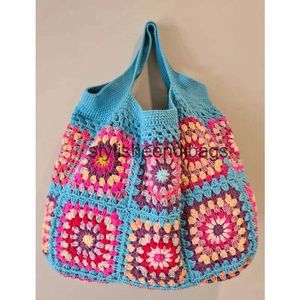 Totes Bule Handbags Boho Hippie Square Flowers Bag for Women High-Capacity Crochet Cute Purses Hollow Out Colorful DIY Knitting BagsH24218
