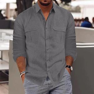 Men's Casual Shirts Men Cotton Linen Solid Color Long Sleeve Turn Down Collar Blouses Pockets Breathable Comfortable Business Oversize