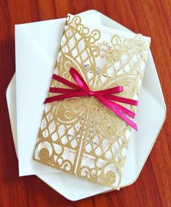 Luxury Gold Glitter Butterfly Wedding Invitations With Ribbon DIY Laser Cut Personalized Patterned Quinceanera Party Cards Baby Sh2439046